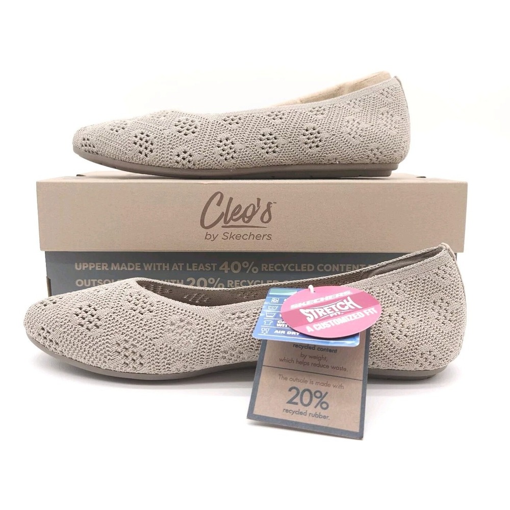 Skechers (Women's 8) Taupe Ballet Flats Cleo 2.0 Knitty Witty Slip On Shoes New